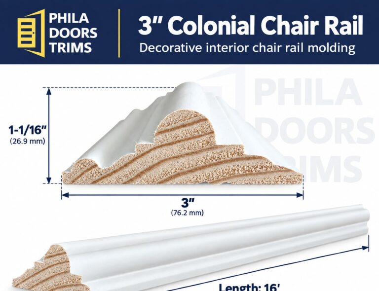1-1/16″x3″x16′ Decorative Chair Rail Molding Primed Wood